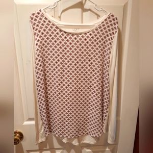 Loft Blouse Womans Large White Red Geometric Business Casual Classic Feminine